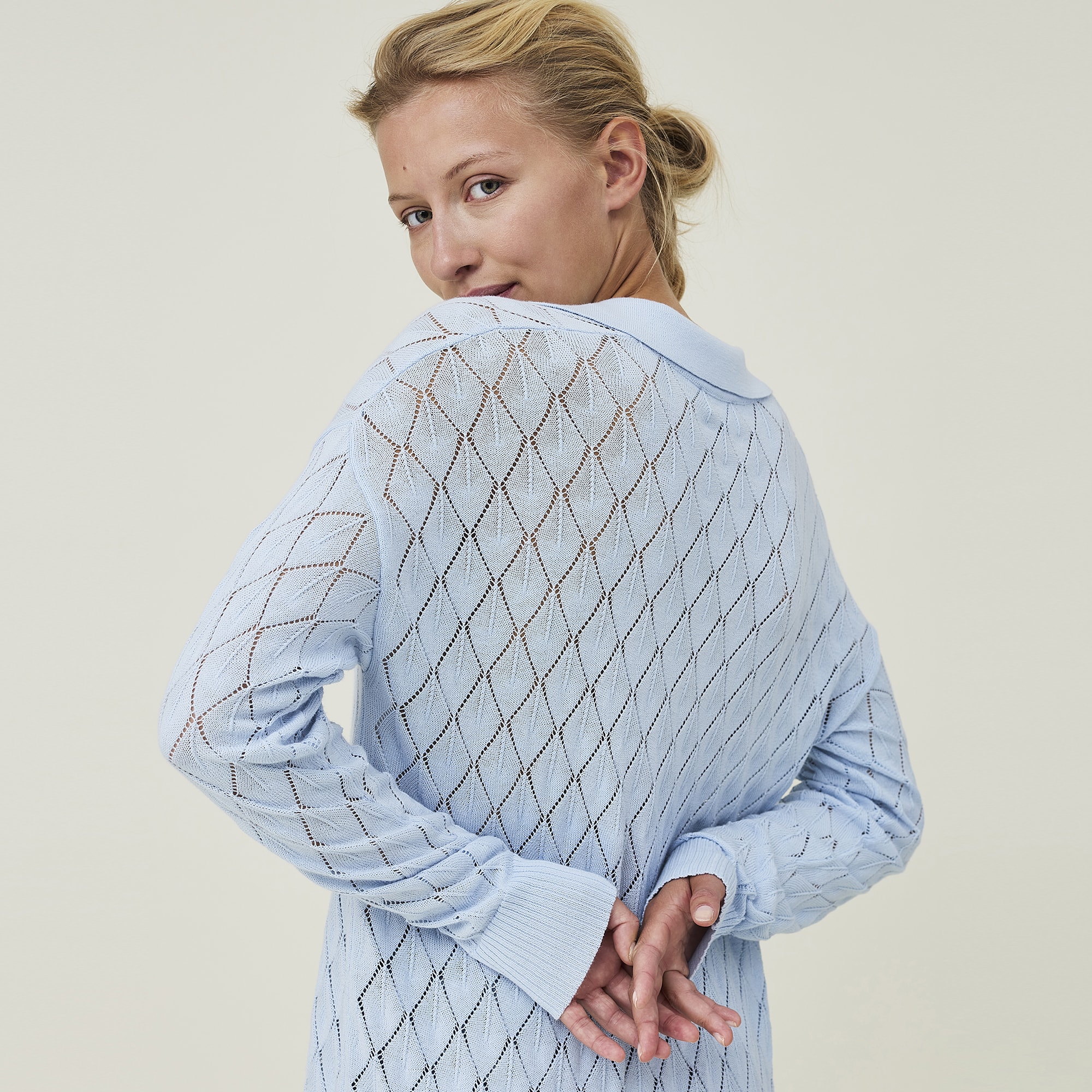Corinne Organic Cotton Pintelle Knitted Polo Shirt, light blue