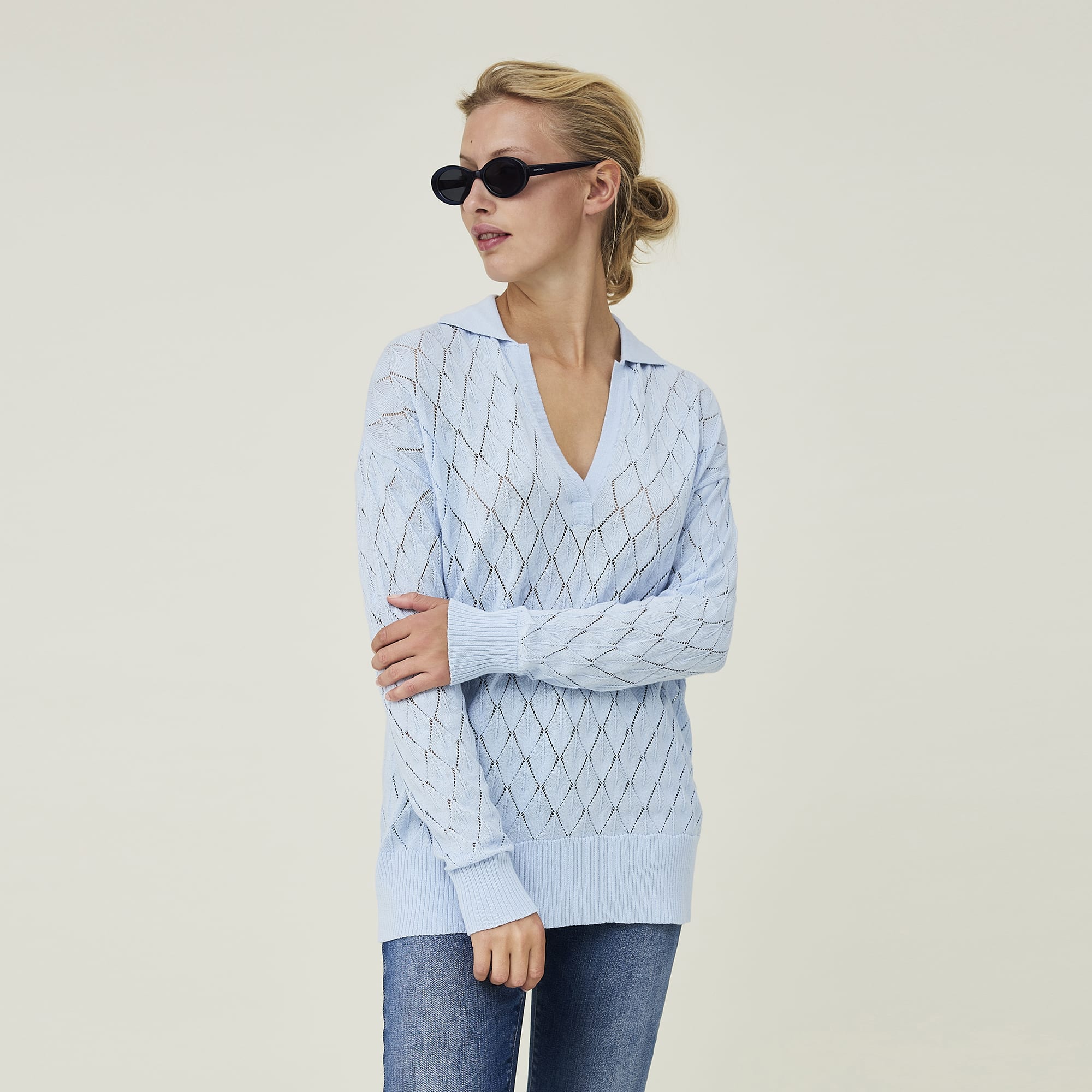 Corinne Organic Cotton Pintelle Knitted Polo Shirt, light blue