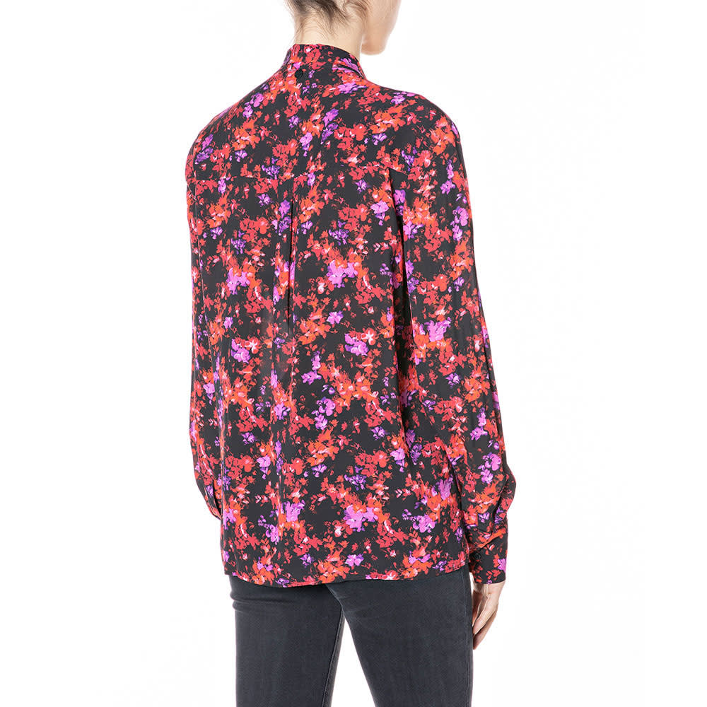 Floral Chiffon Shirt with Scarf, Black/Red/Cyclamen