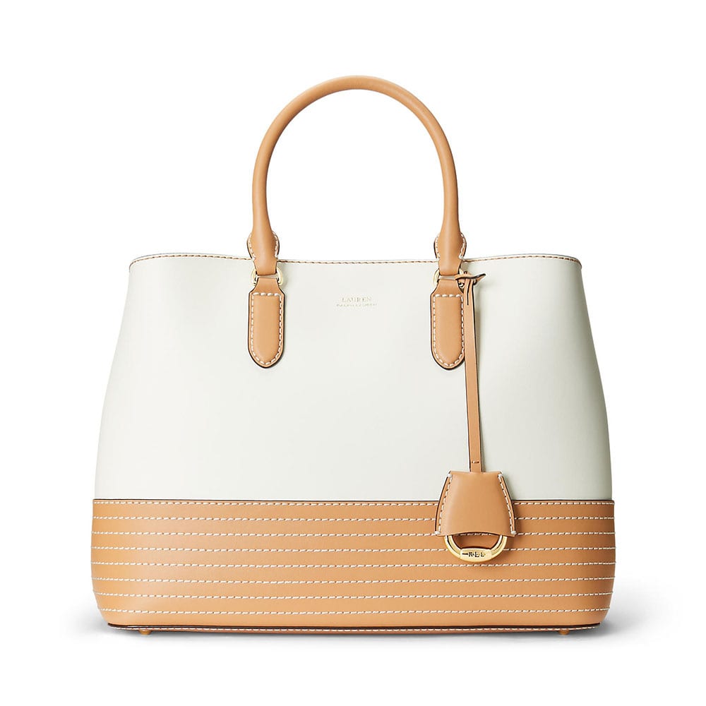 Stitched Leather Marcy Satchel Large i Vanilla/Buff från Lauren Ralph