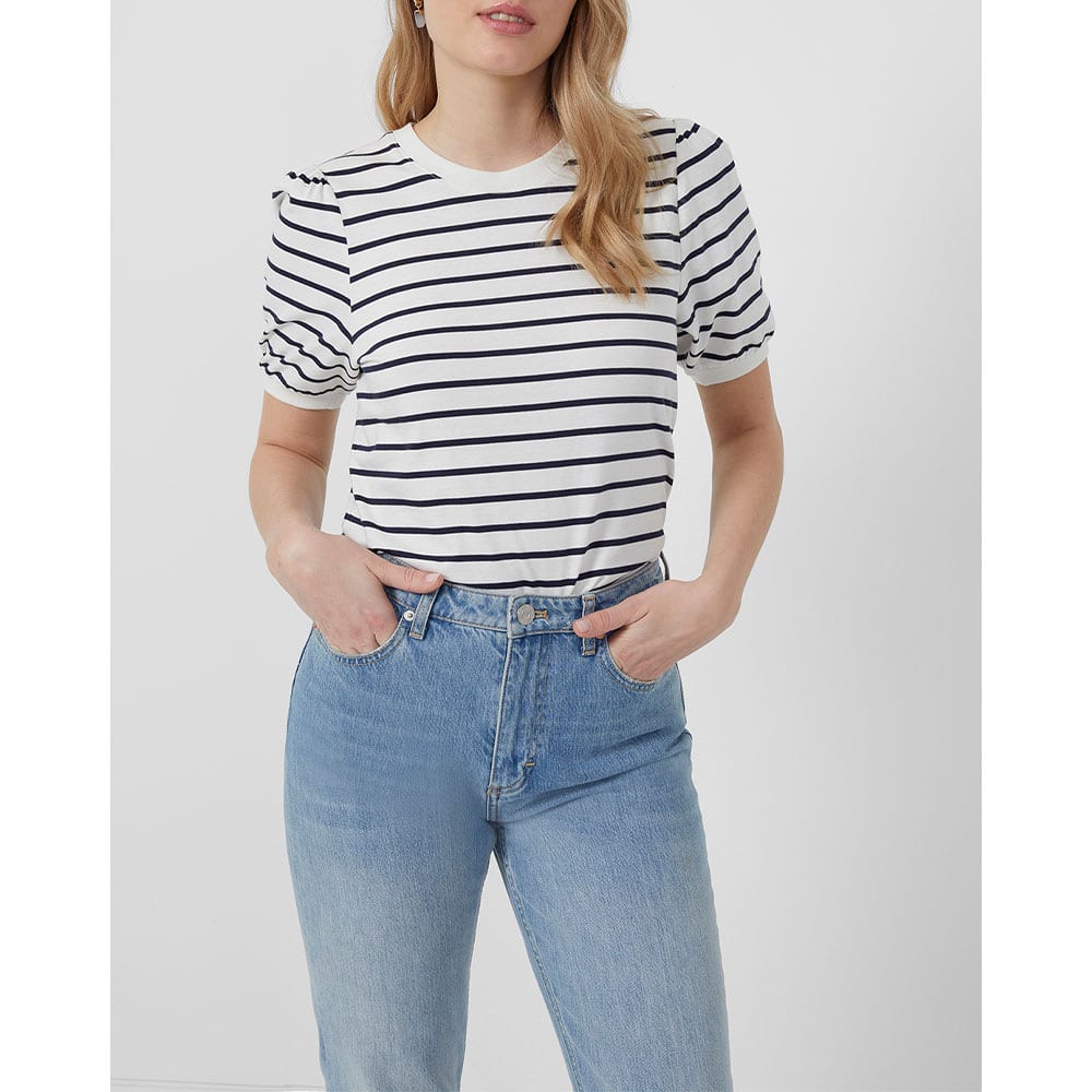 White Stripe Puff Sleeve T-shirt T-shirt, Summer White/Utility Blue