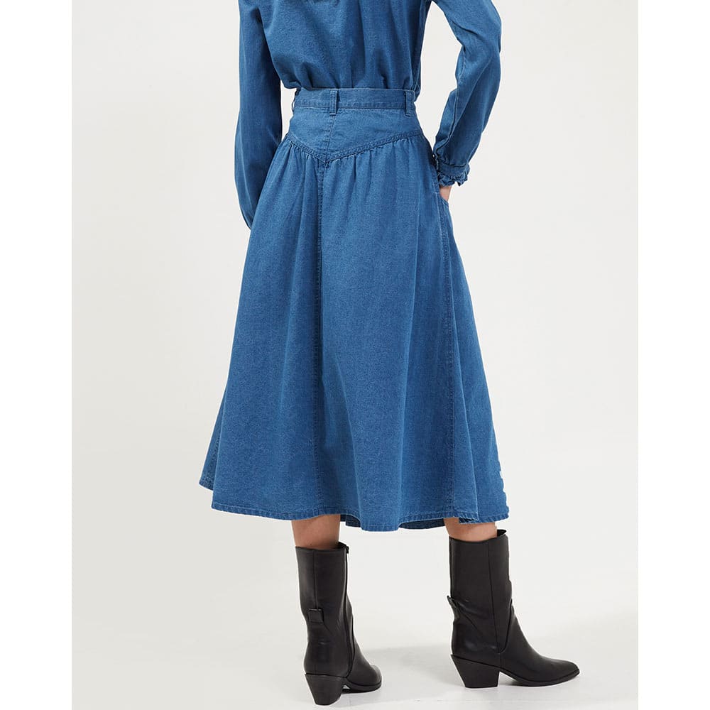 Zaves Chambray Blue Denim Midi Skirt Skirt, Dark Stone Wash