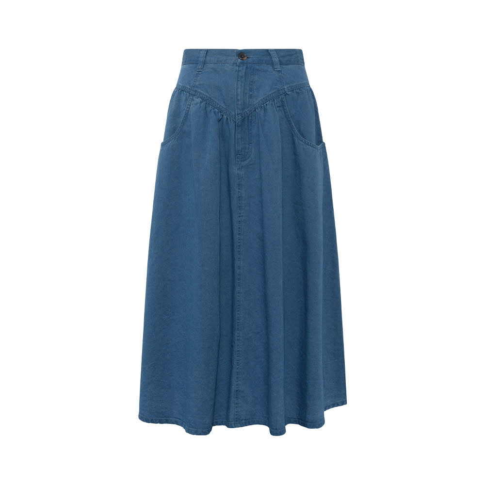 Zaves Chambray Blue Denim Midi Skirt Skirt, Dark Stone Wash