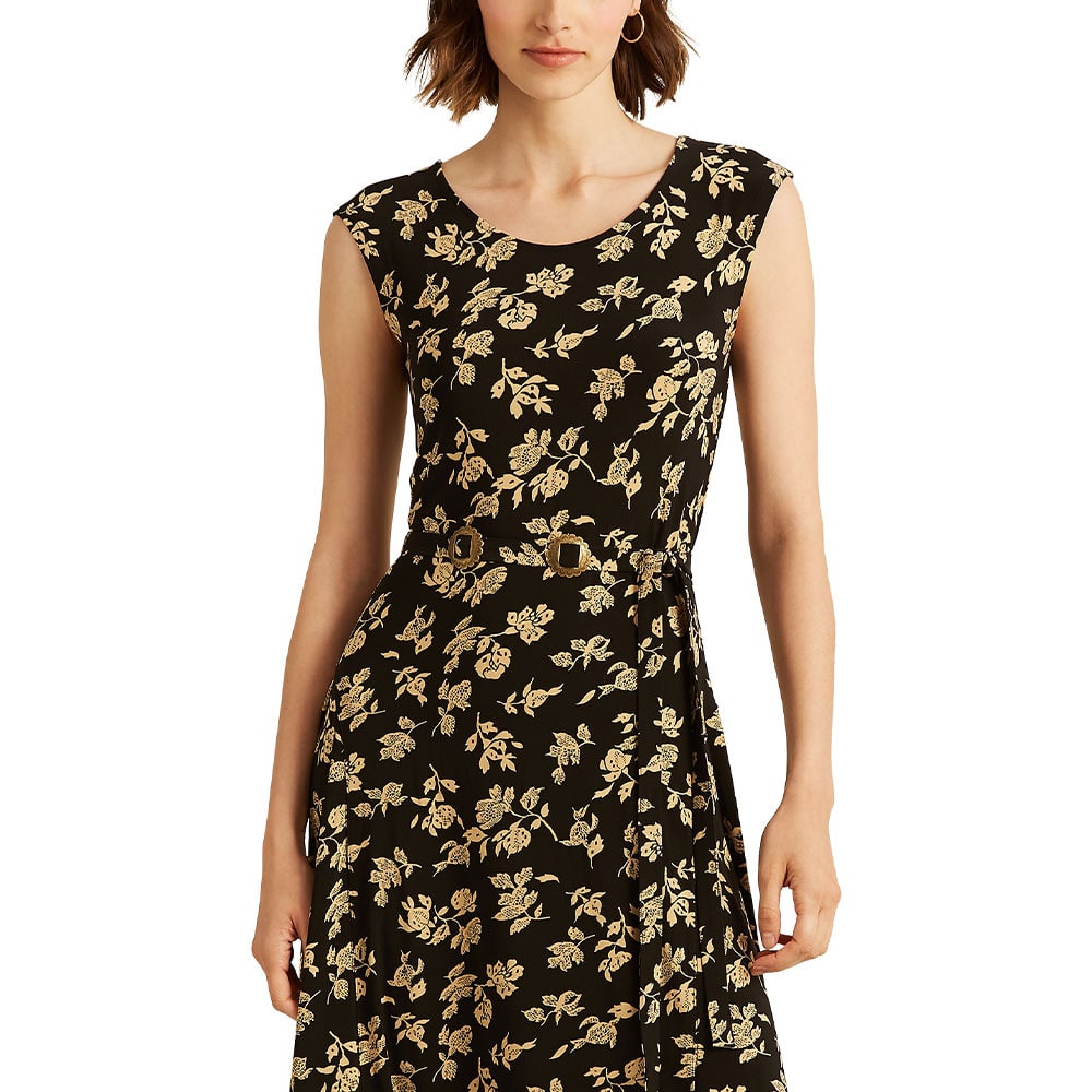Floral Belted Jersey Cap-Sleeve Dress, Black/Cream