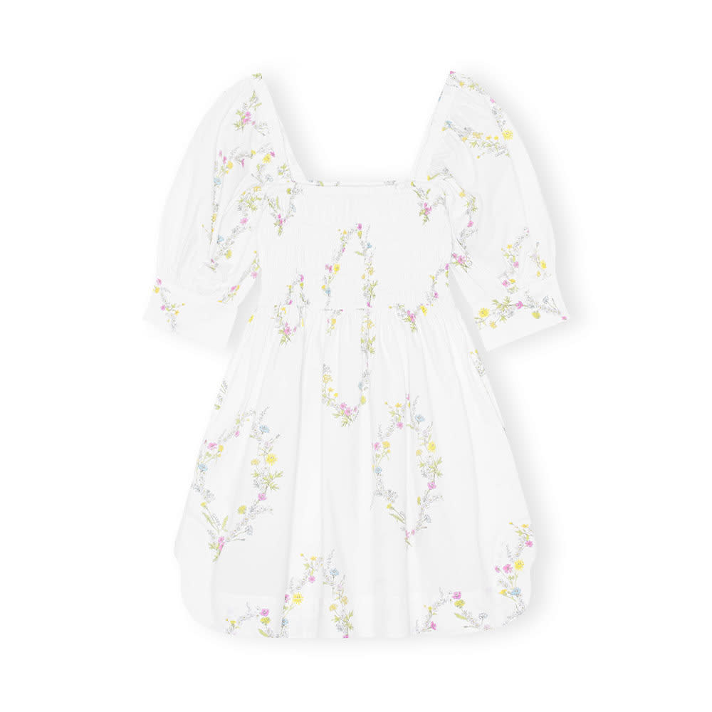 Printed Cotton Mini Smock Dress, Floral Shape Bright White