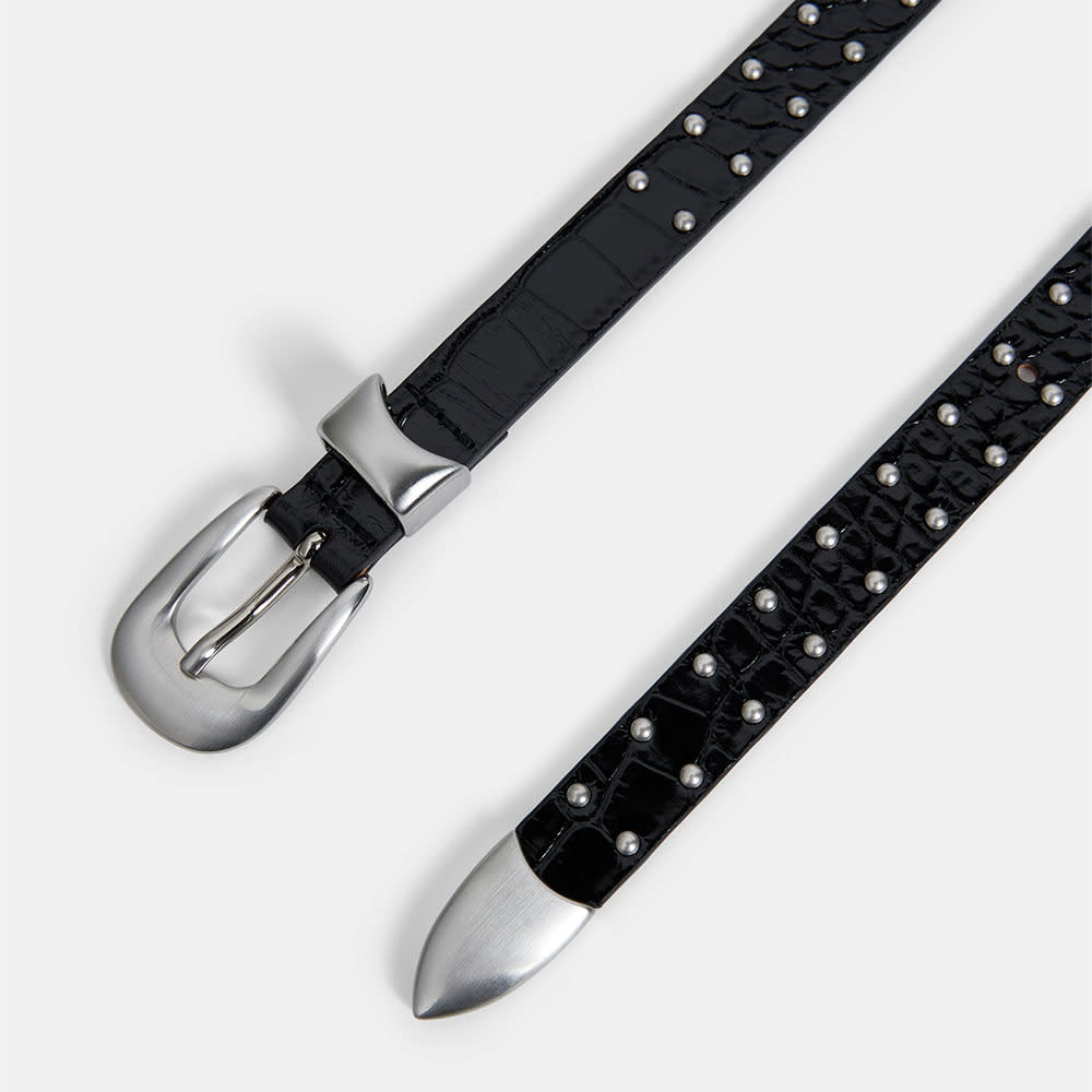 Croc Stud Leather Belt , Black