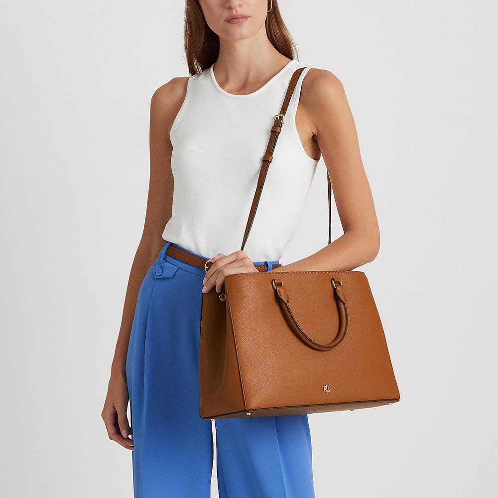 Crosshatch Leather Large Hanna Satchel i Lauren Tan från Lauren Ralph