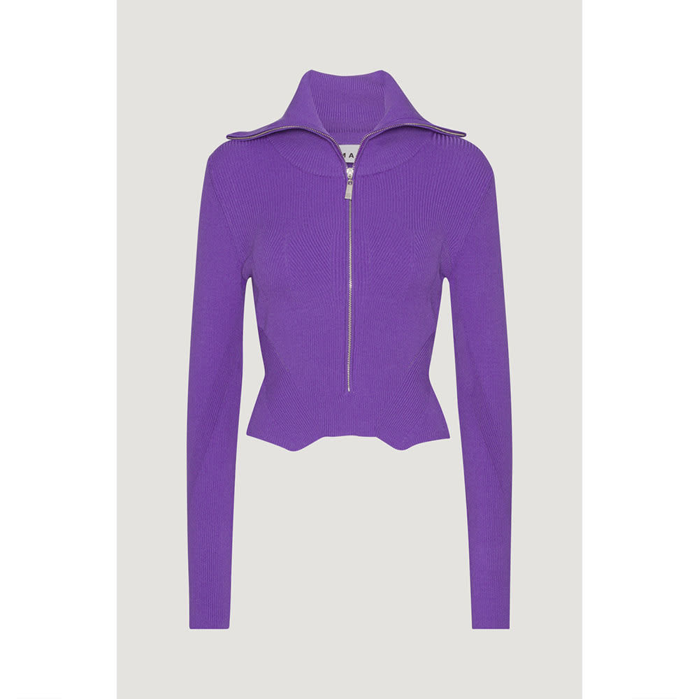 Dense Knit Cropped Zipper Sweater Bright Purple