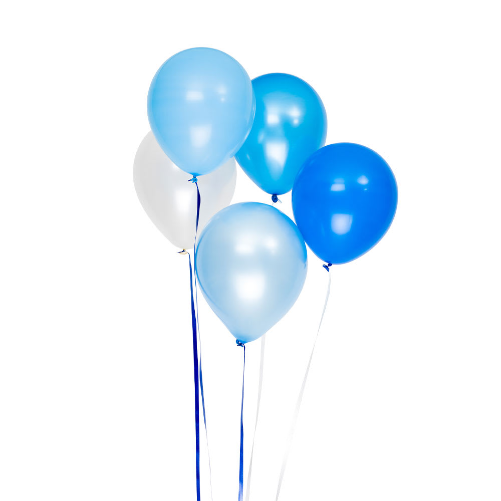 Ballonger 30cm, 10st, blåa/vita. Sorterat vanliga ballonger och metallic.