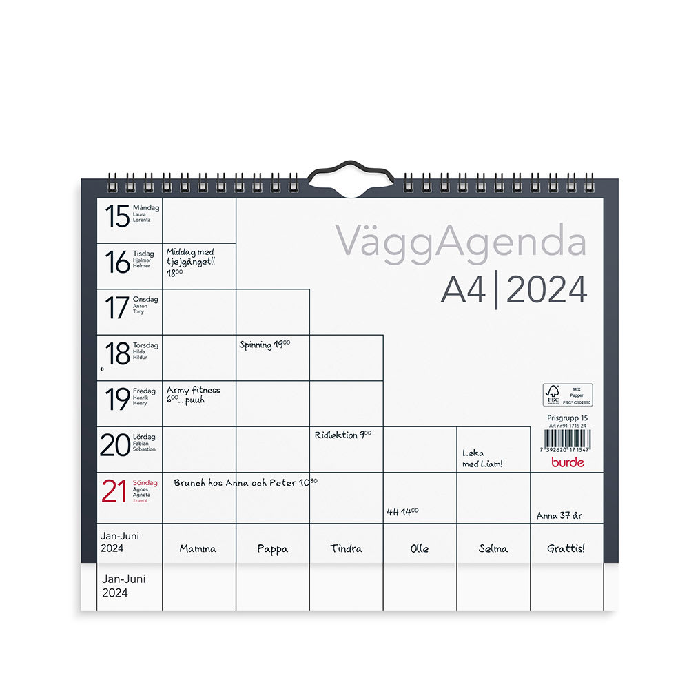 Väggkalender 2024 Väggagenda A4 från Burde