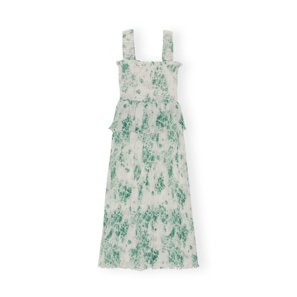 Pleated Georgette Flounce Smock Midi Dress