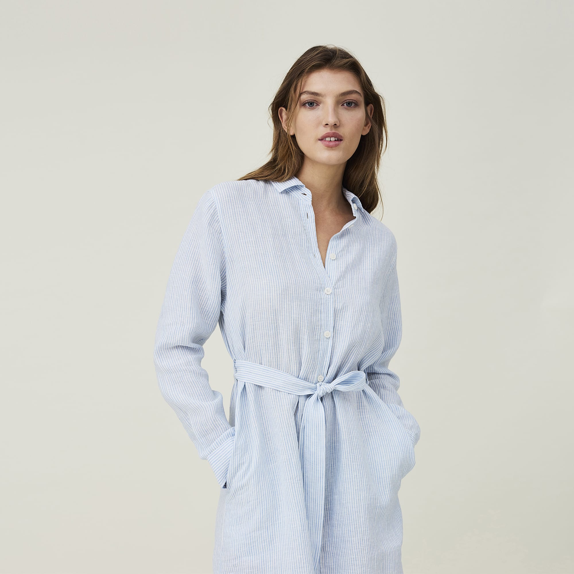 Isa Linen Shirt Dress, lt blue/white stripe