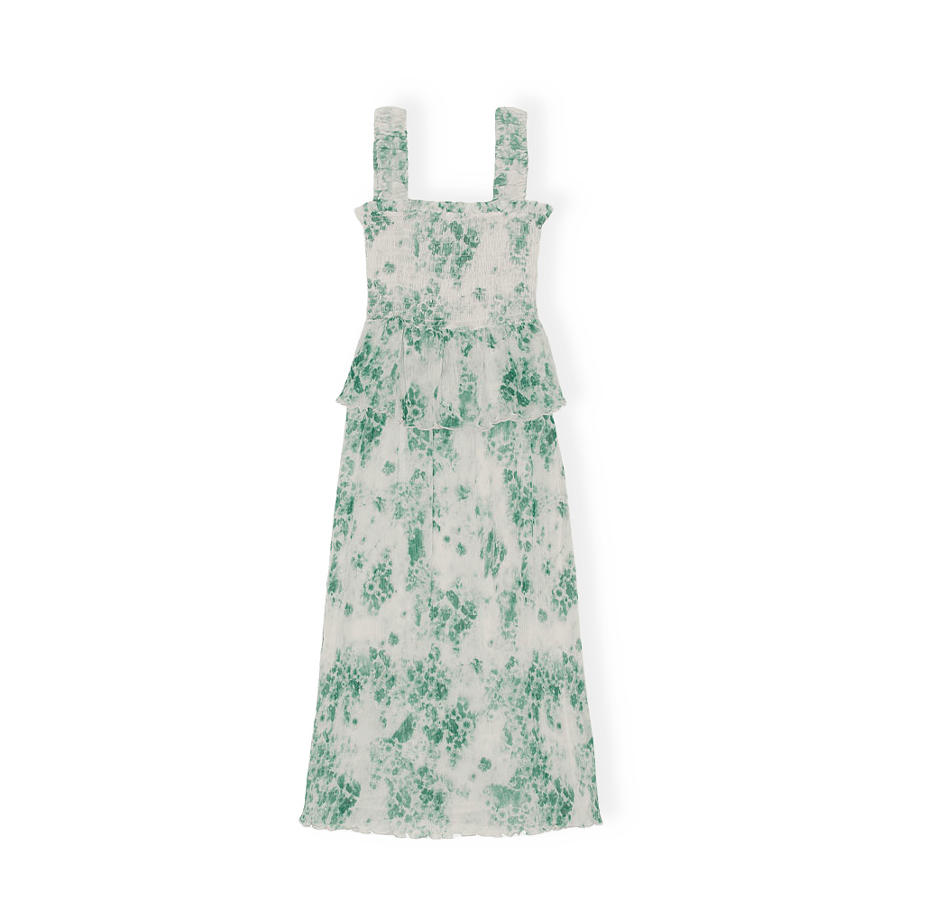 Pleated Georgette Flounce Smock Midi Dress
