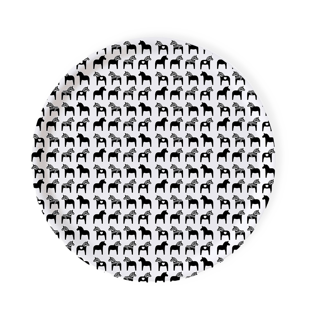 Rundbricka svart och vita dalahästar från Citronelles