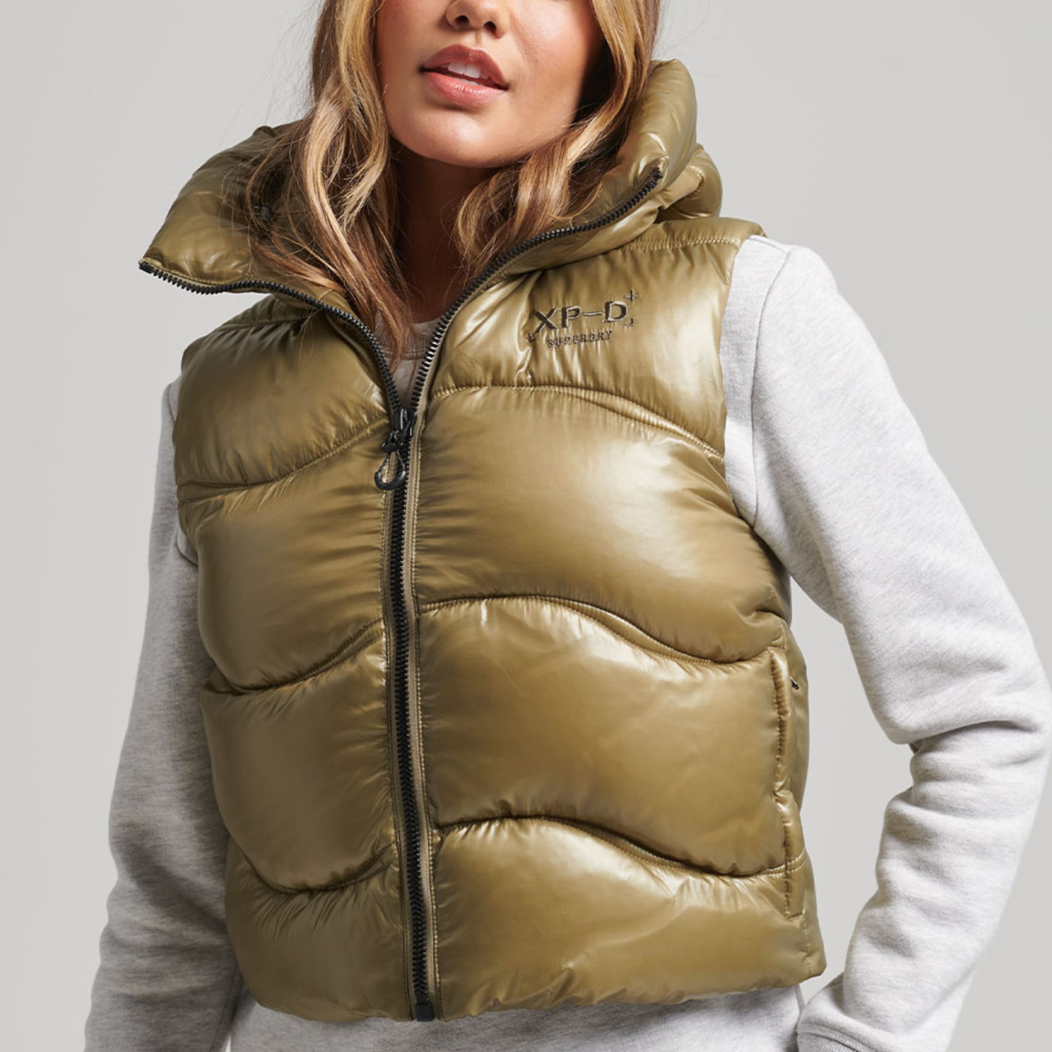 Shine Quilt Cropped Padded Gilet, Dusty Olive