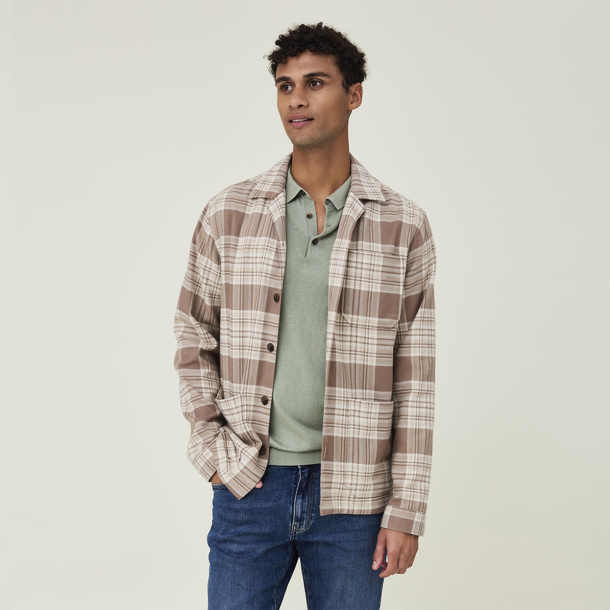 Cole Organic Cotton Checked Overshirt, beige multi check